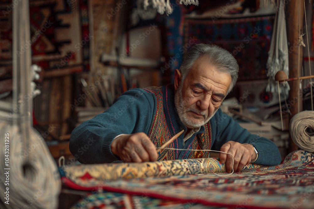 Poster person meticulously crafts colorful fabric using needle and thread generative ai image