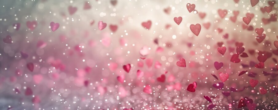Floating explosion of pink and red heart shaped confetti shimmering in a gradient, evoking friendship and love. Ideal for wedding invitations, romantic backdrops, Valentine's or Mother's Day banners