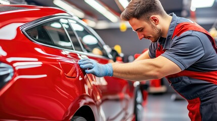 Fototapeta premium Ceramic coating being applied to a car's body in a detailing workshop, with a worker ensuring a uniform, glossy finish. --chaos