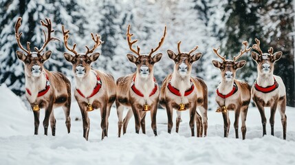 Obraz premium A group of reindeer standing in the snow, adorned with festive red harnesses and jingle bells, with a snowy forest in the background.
