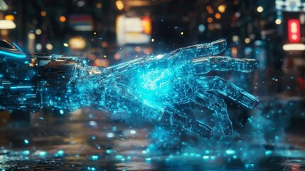 Futuristic digital hand with glowing effects in a vibrant cityscape, symbolizing technology and connection.
