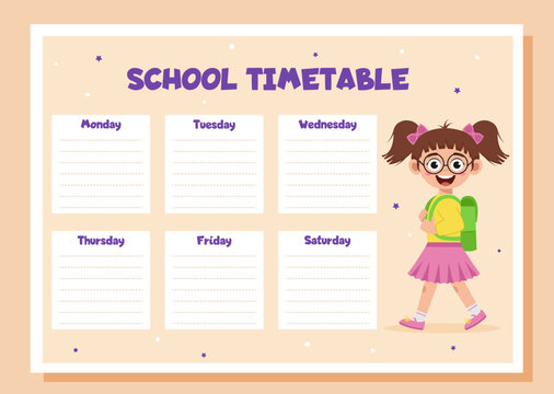 School timetable, lesson schedule and organizer template. Study weekly planner with schoolgirl.