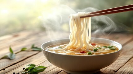 Chopsticks lifting a serving of udon noodles from a bowl, with steam and a rich, flavorful broth in the background. --chaos
