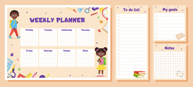 Weekly planner, to do list, notes, goals for children. School timetable, lesson schedule and organizer template with school supplies and schoolchildren.