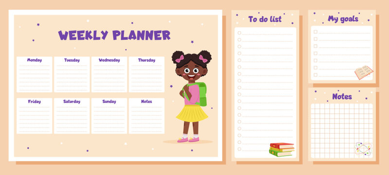 Weekly planner, to do list, notes, goals for children. School timetable, lesson schedule and organizer template with school supplies and schoolgirl.