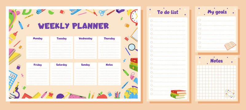 Weekly planner, to do list, notes, goals for children. School timetable, lesson schedule and organizer template with school supplies.