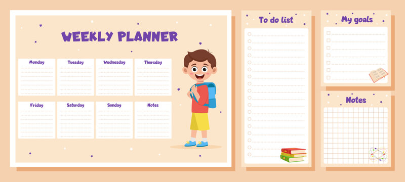 Weekly planner, to do list, notes, goals for children. School timetable, lesson schedule and organizer template with school supplies and schoolboy.