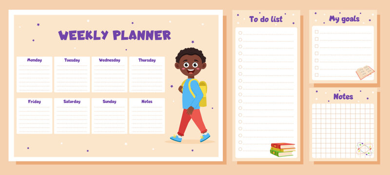 Weekly planner, to do list, notes, goals for children. School timetable, lesson schedule and organizer template with school supplies and schoolboy.