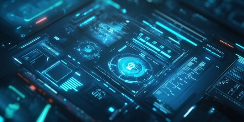 Obraz premium Futuristic digital interface displaying data visualizations and analytics in a virtual environment with glowing blue and grey elements.