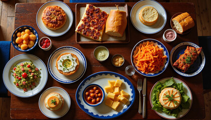 Festive Hanukkah table spread with a variety of traditional dishes and colorful sides