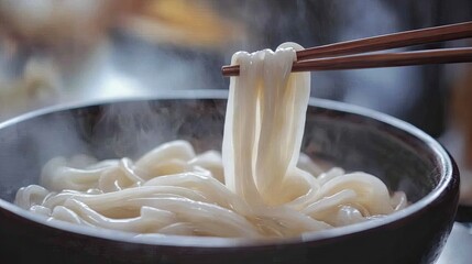 Close-up of a bowl of noodles with chopsticks lifting them up, with steam rising and the rich texture of the noodles visible. --chaos