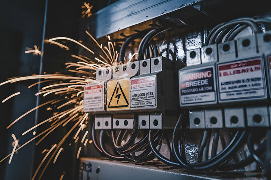 A close-up of an electrical panel showing surge protection, with sparks indicating a fault, emphasizing the importance of safety in electrical systems.