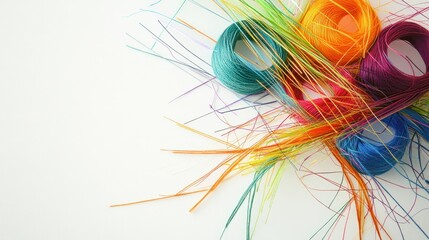A beautifully composed shot of multiple colorful threads and sewing needles arranged artistically on a white surface, showcasing the rich hues and textures in high definition.