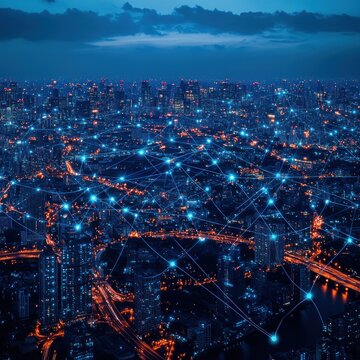 Cityscape illuminated at night with digital network connections