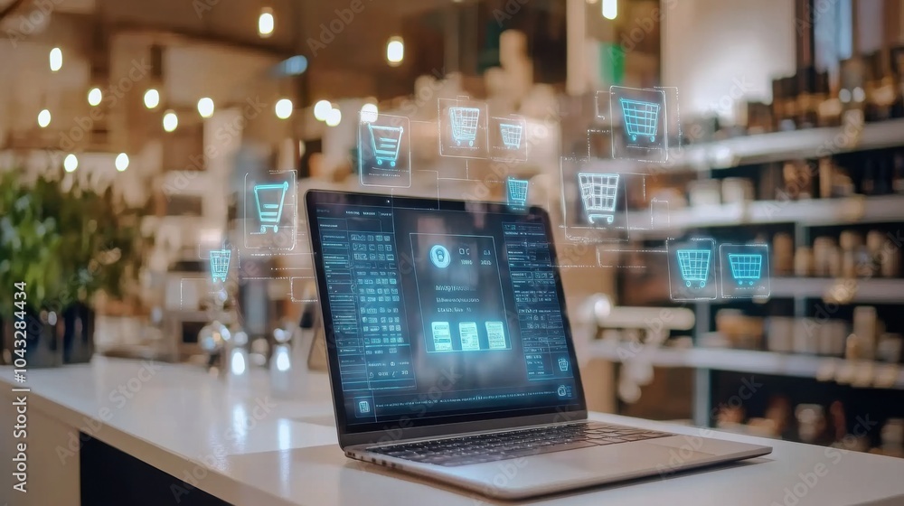 Poster laptop on table displaying e-commerce interface