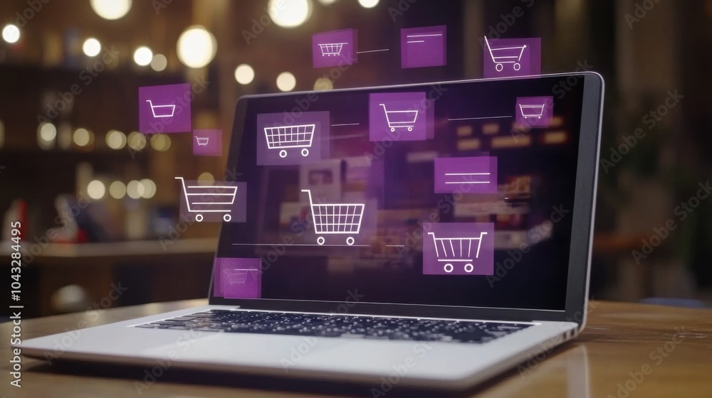 Poster laptop on table with e-commerce interface display