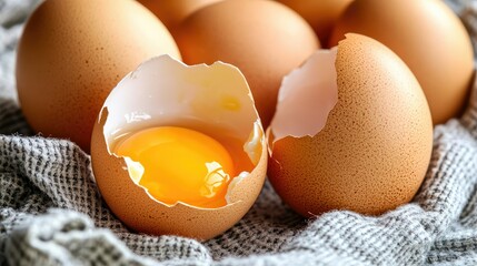 Close-up of hard-boiled eggs with cracked shells, placed on a kitchen cloth, with a peeled egg showing its bright yellow yolk. --chaos