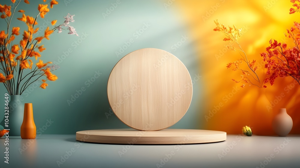 Poster minimalist and clean wood display stand or platform placed on a plain gray table with warm and soft 