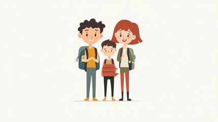 Family hiking adventure, characters with backpacks, white isolate background