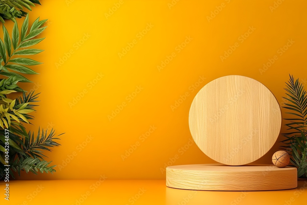 Poster elegant and minimalist wooden display on table with yellow studio backdrop a image showcasing a stur