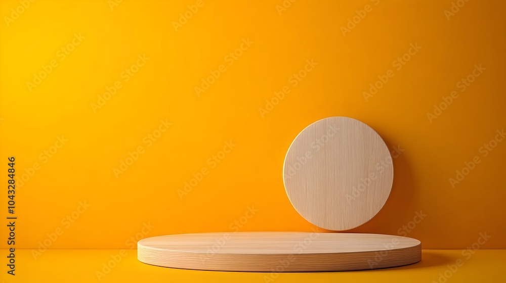 Poster smooth circular wooden platform resting on a table set against a vibrant yellow backdrop created for