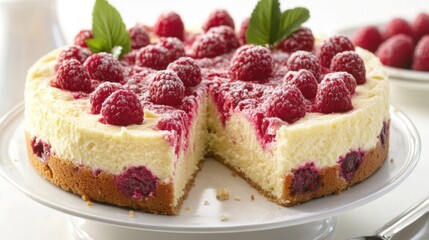 Fresh Raspberry Cheesecake on White Plate with Mint Garnish
