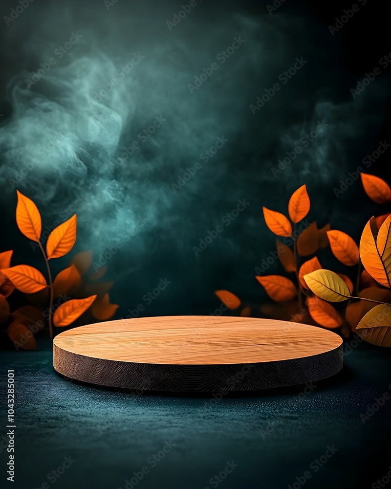 Poster elegant circular wooden platform resting on a dark studio table with rich warm hues gentle illuminat