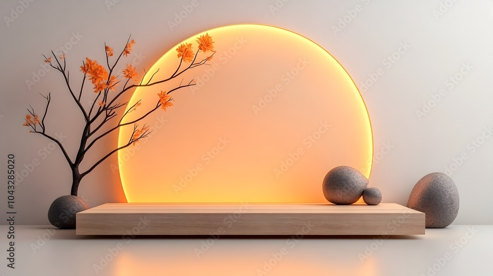 Poster centered on a white background a sturdy wooden platform rests atop a simple minimalist table illumin