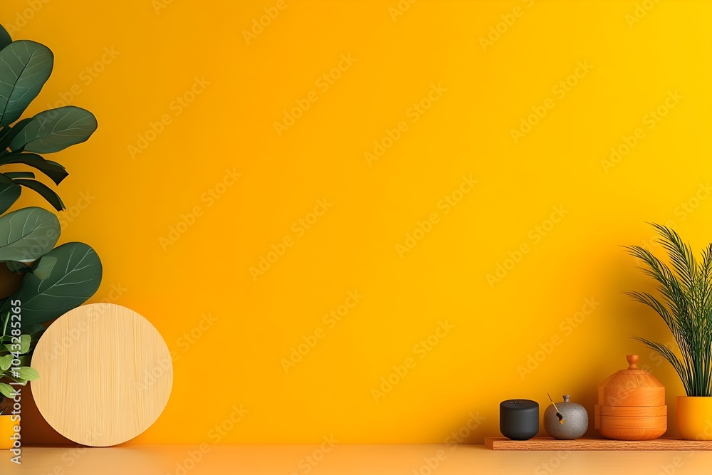 Poster stylish wooden round display placed on a table captured in a bright yellow toned studio setting with