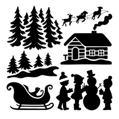 set of santa claus and christmas tree & children playing with snowman