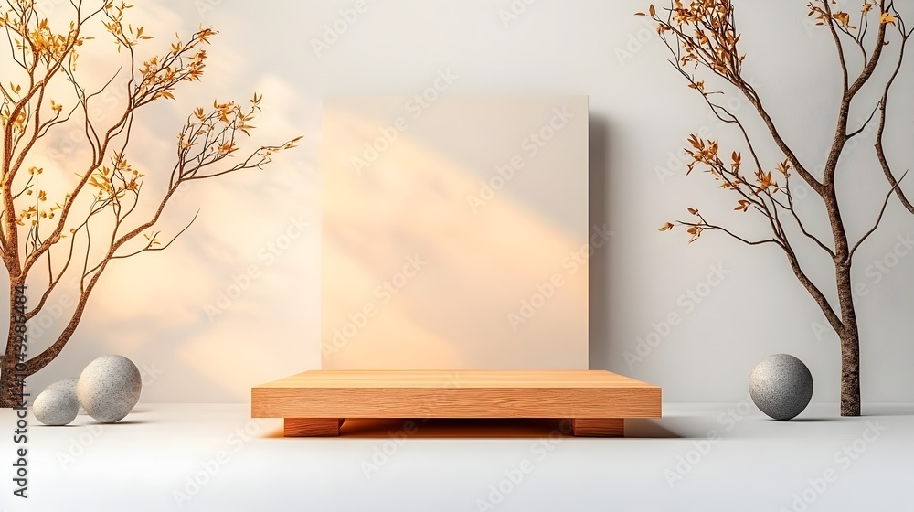 Poster centered on a clean white background a sturdy wooden platform rests atop a simple table illuminated 