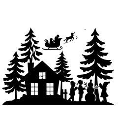 christmas tree and house with family