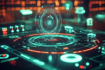 Futuristic holographic interface with glowing digital elements and abstract technology concepts, perfect for sci-fi and innovation themes.