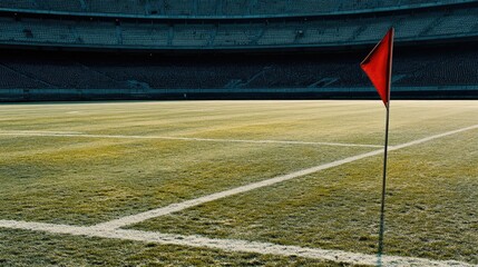 Corner flag placed at the edge of the football field, with the white corner marking clearly visible, in an empty stadium. --chaos