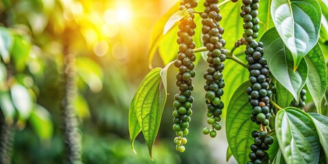 Fototapeta premium Ripe black pepper on tree in plantation