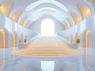 a spacious hall is captured from a low angle, featuring a large blank white screen illuminating the stage, while a grand stairway invites spectators to engage with the presentation