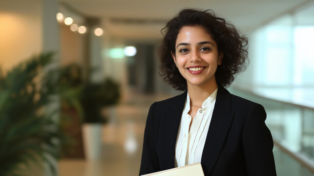 India woman in a suit holding a notebook standing at office