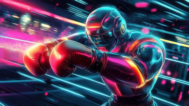Sleek Robot Boxer Ready for Action in Neon Lights
