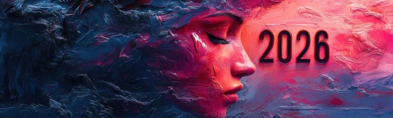 Painting of a woman's face with a 2026 year on it, new year