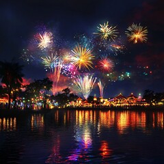 Fototapeta premium Nighttime Fireworks Spectacle Over Water 