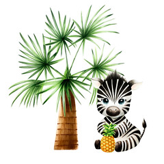 Cute baby zebra with pineapple. Green palm tree. Watercolor hand drawn safari sitting animal illustration isolated on background. For designers, postcards, greetings, birthday, calendar, wallpapers