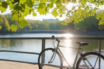 Fototapeta premium A bicycle is parked next to a lake with the sun shining through the leaves of a tree.