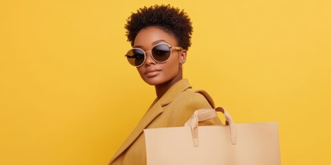 Confident woman in sunglasses holding a shopping bag against a yellow background.