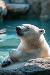 A polar bear reclines peacefully on a rock, basking in carefree contentment under the sun.