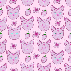 cute cat and strawberry .Seamless Pattern. hand drawn for fabric, wrapping, textile, wallpaper, apparel. Vector illustration.