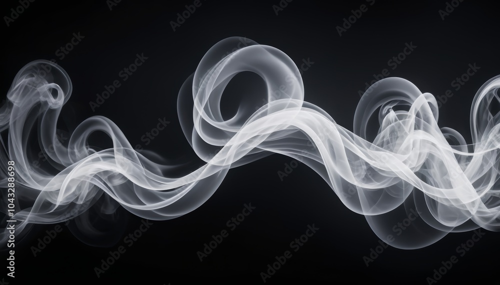 Poster curving elegantly through the air, soft wisps of translucent abstract smoke twist and turn against a
