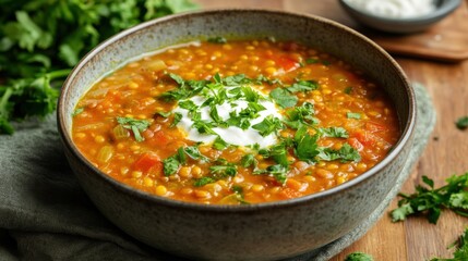 Hearty Lentil Soup with Fresh Parsley and a Dollop of Sour Cream
