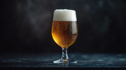 Glass of craft beer with thick white foam on top, placed on a black background, creating a contrast to emphasize the richness of the color. --chaos