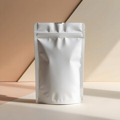 Blank White Pouch with Matte Finish on Beige Background with Geometric Shadows for Product Mockup