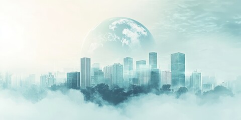 Fototapeta premium Futuristic city skyline with clouds and planet in the background.